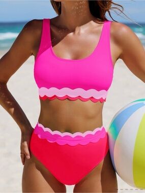 NWT High-Waist Scallop Trim Bikini Set in Bright Pink